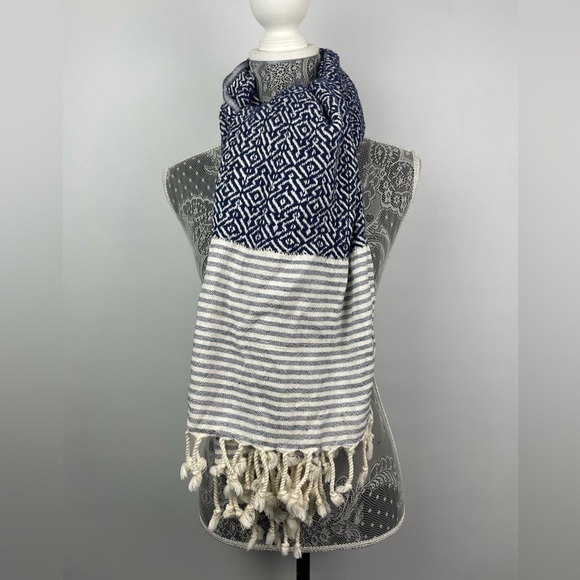 Accessories - Textured Blue‎ White Striped Rectangular Scarf Beach Throw Blanket Fringe Hem
